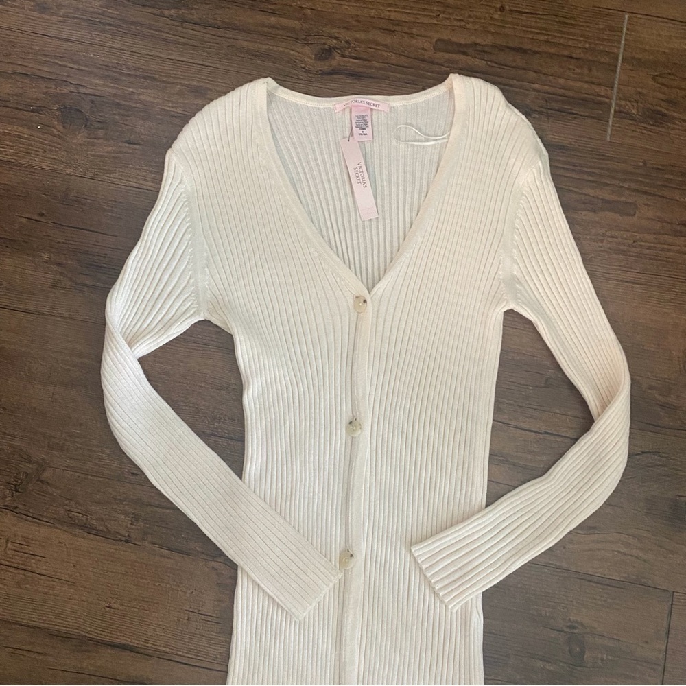 Ribbed Button-Front Midi Sweater Dress in Cream - Picture 6 of 9
